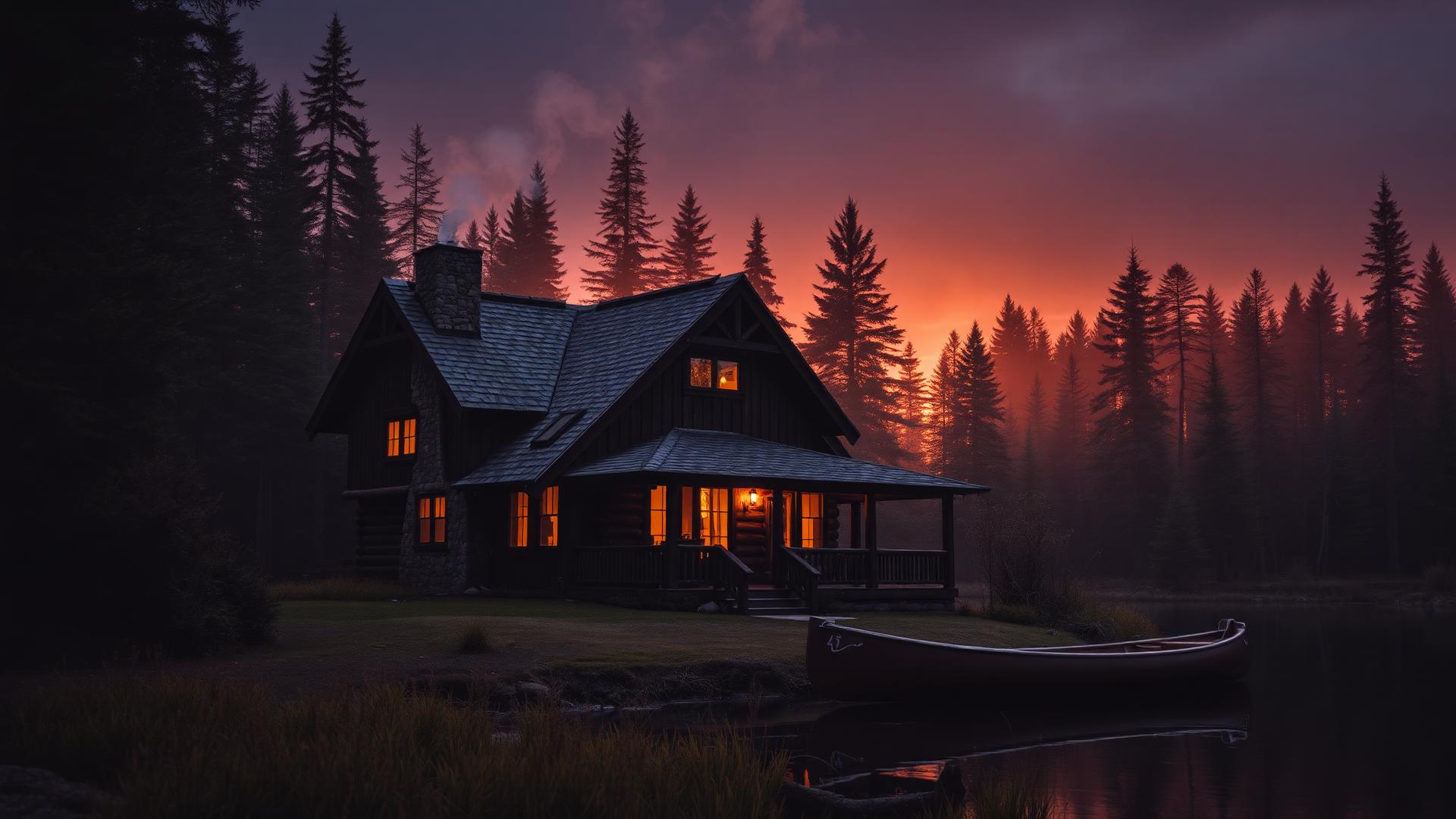 Rustic Northwoods hunting cabin at sunset