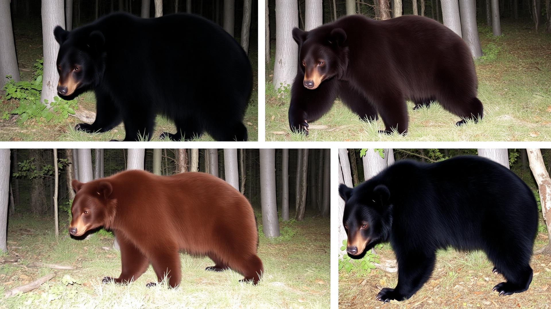 Trail camera photos showing Minnesota black bears in different color phases